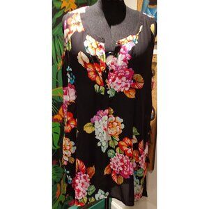 Sense Woman Plus Asymmetrical Hem Semi Sheer Purple Multicolored Floral Top.